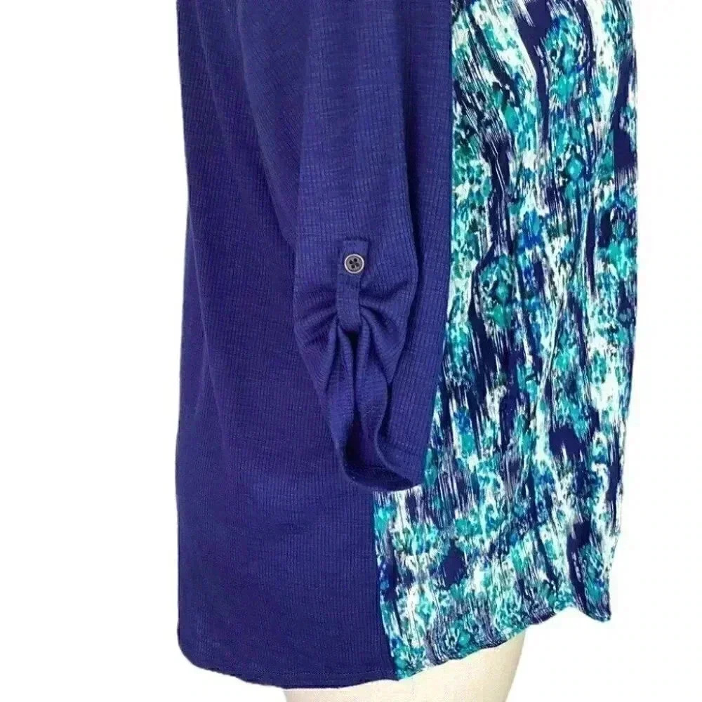 Bit & Bridle Top Women 3X Blue Geometric Cotton Blend Half Sleeve Pullover - Picture 4 of 6